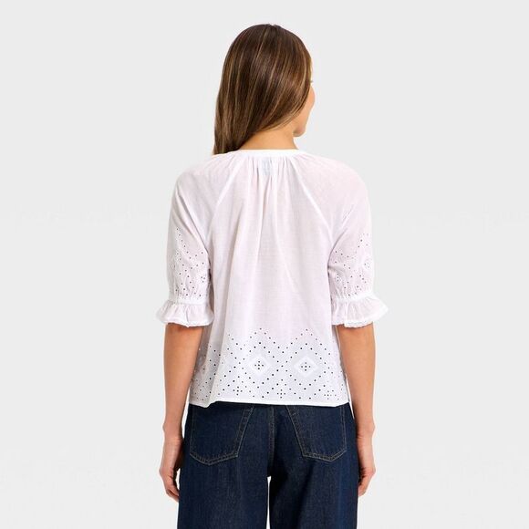 Universal Thread - Women's Puff Elbow Sleeve Ruffle Round Neck Blouse White - Picture 2 of 3